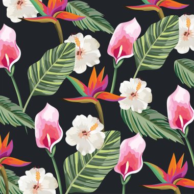 egzotik yaprakları arka plan ile tropik çiçekler