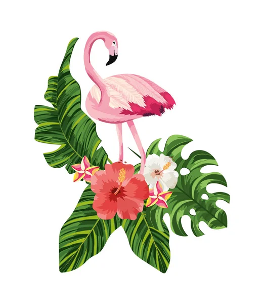 Animal flamand tropical avec des fleurs et des feuilles — Image vectorielle