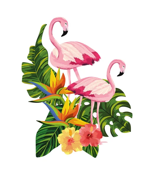 Pareja de flamencos con flores y hojas tropicales — Archivo Imágenes Vectoriales