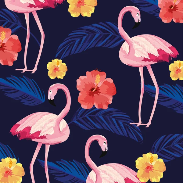 Çiçekler ve yapraklar arka plan tropikal flamingolar hayvanla — Stok Vektör