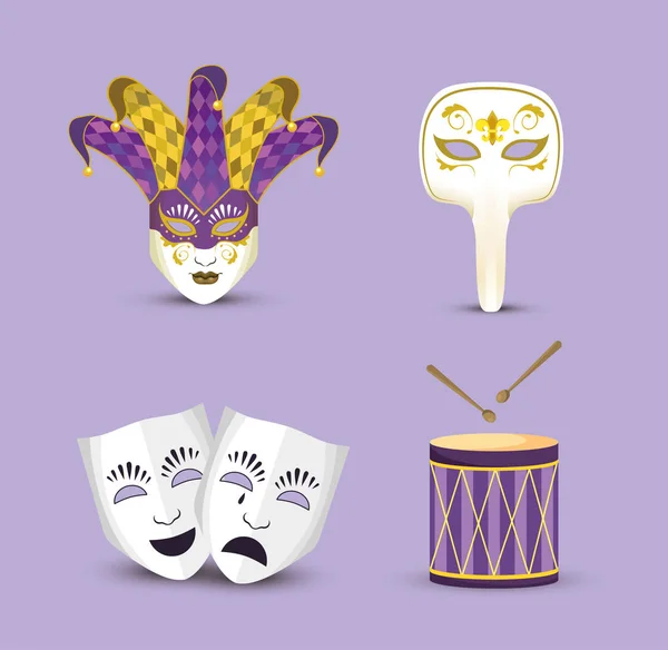 Conjunto de máscaras de mardi gras com chapéu de brincalhão e tambor —  Vetores de Stock