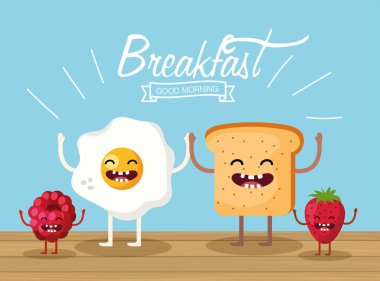 Dilimlenmiş ekmek ve meyve ile mutlu kızarmış yumurta