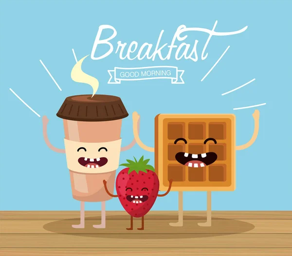 Gott kaffe plastmugg med våffla och jordgubbe — Stock vektor