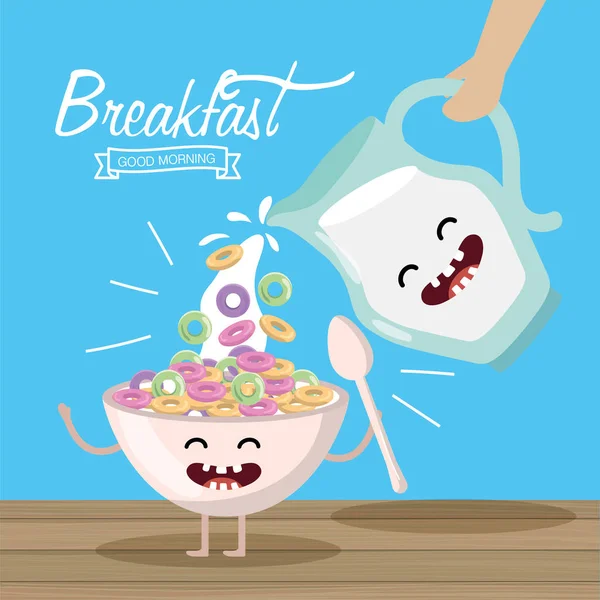 Cereal feliz com colher e jarra de leite — Vetor de Stock
