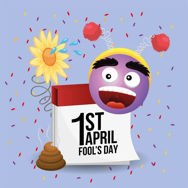 Gelukkig emoji gezicht met kalender dwazen dag — Stockvector