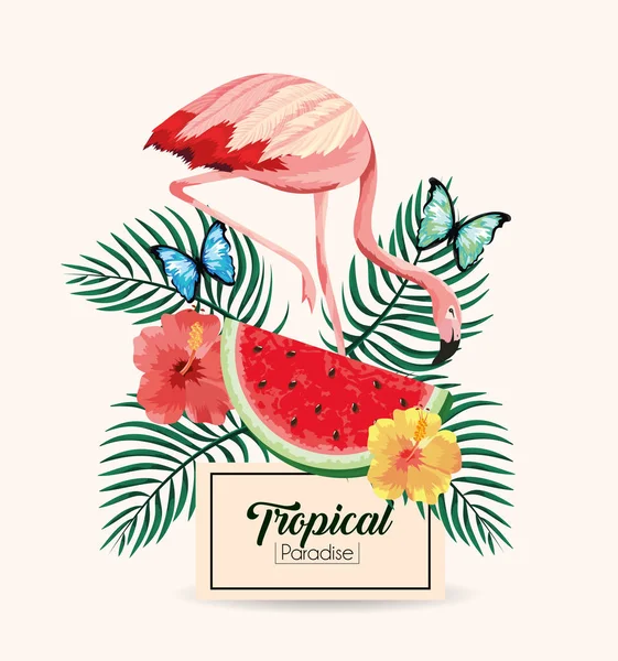 Label with tropical flowers and animals with leaves — Stock Vector