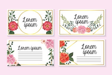Gül ve çiçek dalları yaprakları ile set kartları