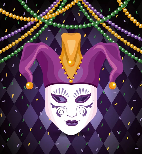 Joker head with necklace balls to mardi gras — стоковый вектор