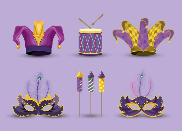 Definir chapéu coringa com máscaras e tambor para mardi gras —  Vetores de Stock