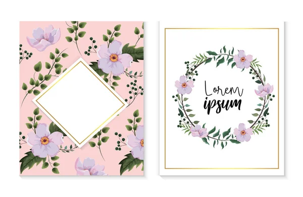 Set tarjeta y etiqueta con flores y ramas hojas — Vector de stock