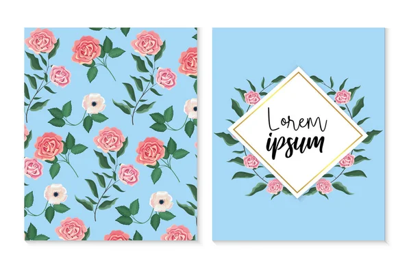 Set tarjeta y lebel con rosas y flores plantas — Vector de stock