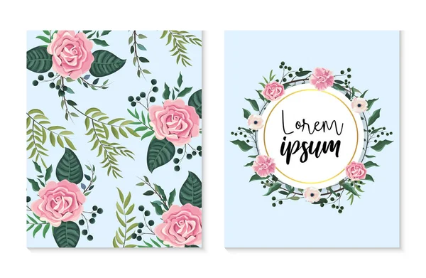 Set tarjeta y lebel con rosas plantas y ramas hojas — Vector de stock