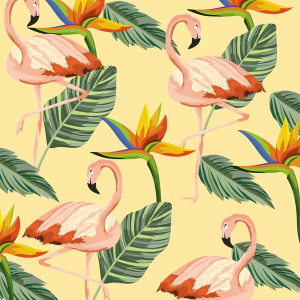 Çiçekler ve yapraklar arka plan ile tropikal flamingolar — Stok Vektör