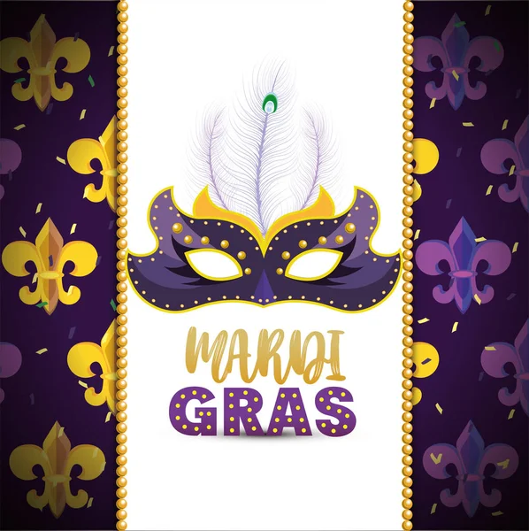 Cartão com máscara e emblema mardi gras —  Vetores de Stock