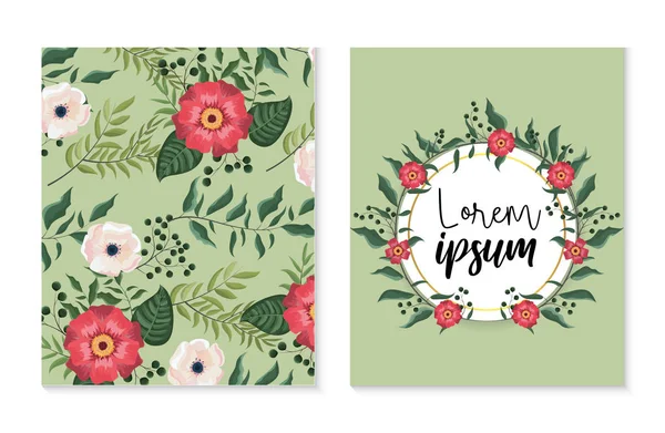 Definir cartão e rótulo com flores e rosas plantas — Vetor de Stock