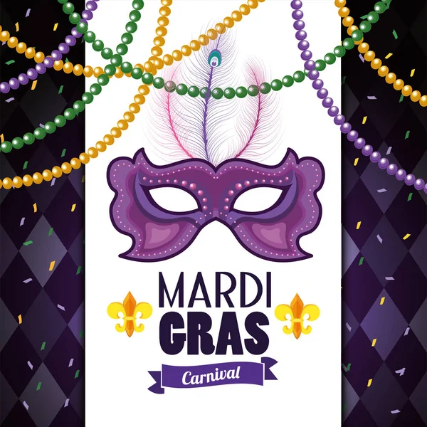 Cartão com máscara e colar bolas para mardi gras —  Vetores de Stock