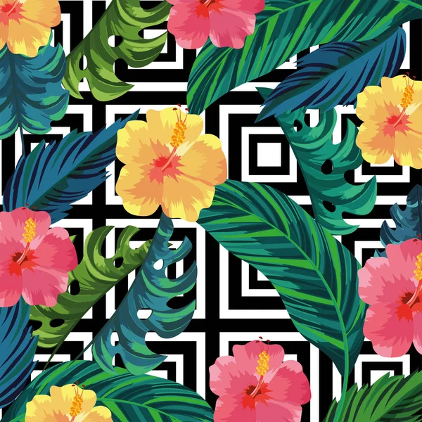 Flores tropicales plantas y hojas fondo — Vector de stock