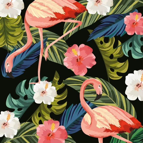 Flamencos animal con flores tropicales y hojas de fondo — Archivo Imágenes Vectoriales