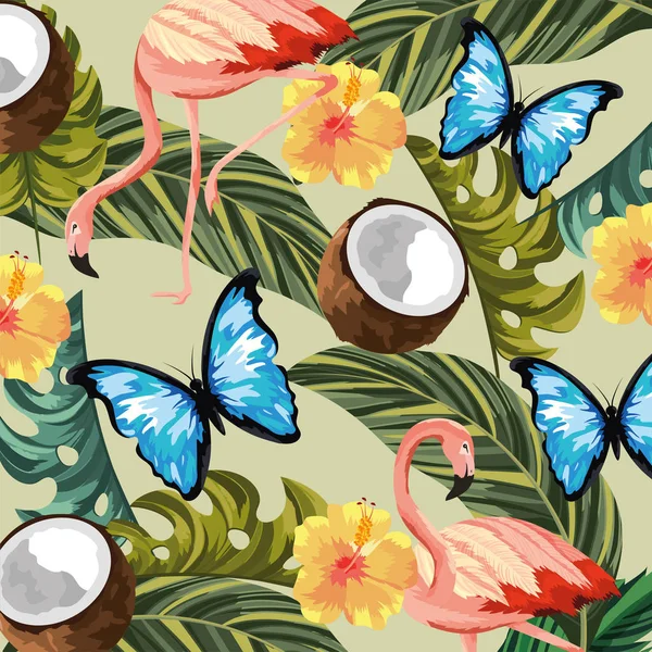 Farfalle con fenicotteri e fiori tropicali con foglie — Vettoriale Stock
