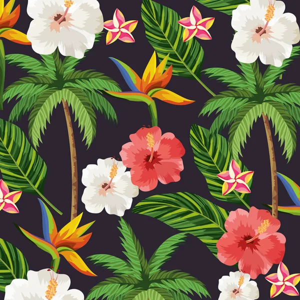 Flores tropicales plantas con hojas y fondo de plam — Vector de stock