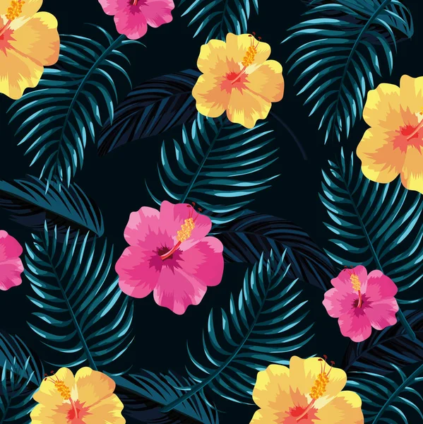 Flores tropicais com folhas plantas fundo — Vetor de Stock