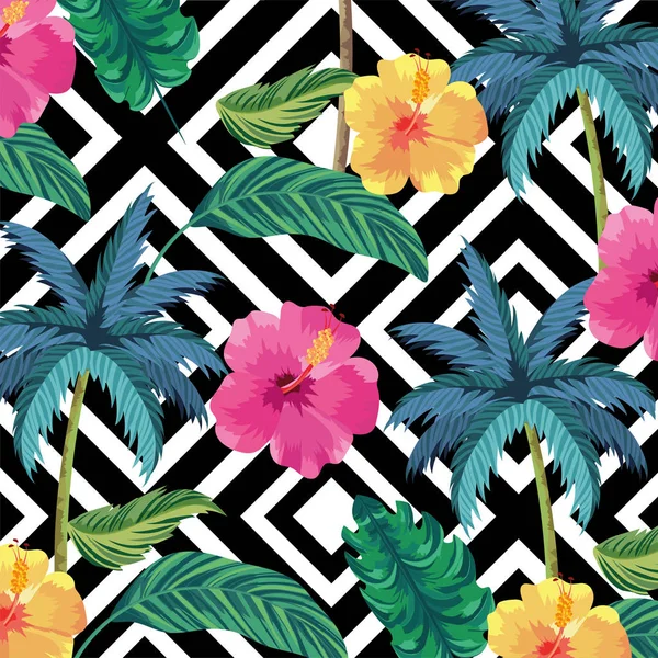 Tropiska palmer med blommor och löv bakgrund — Stock vektor