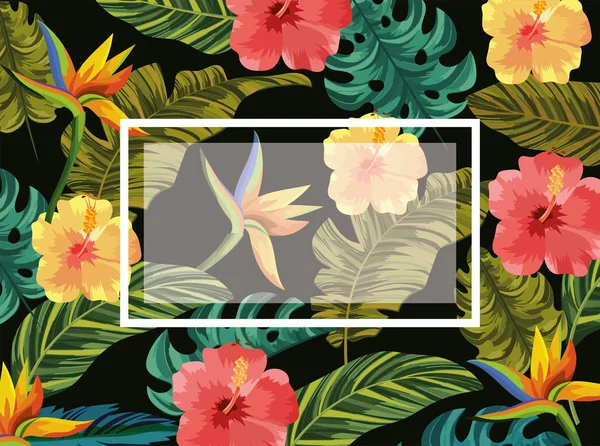Embleem met tropische bloemen en bladeren achtergrond — Stockvector