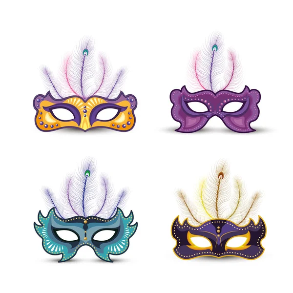 マルディグラのイベントに羽を持つ伝統的なマスクを設定します。 — ストックベクタ