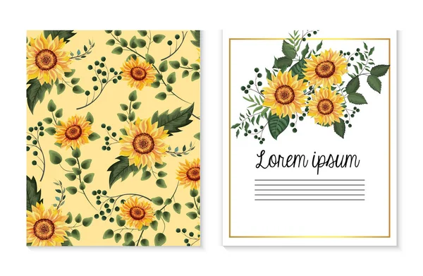 Set carte avec tournesols plantes et branches feuilles — Image vectorielle