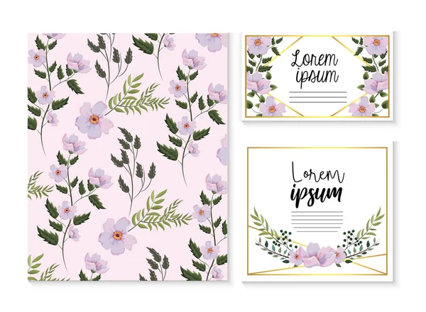 Set tarjeta y etiqueta con flores exóticas y hojas de ramas — Vector de stock