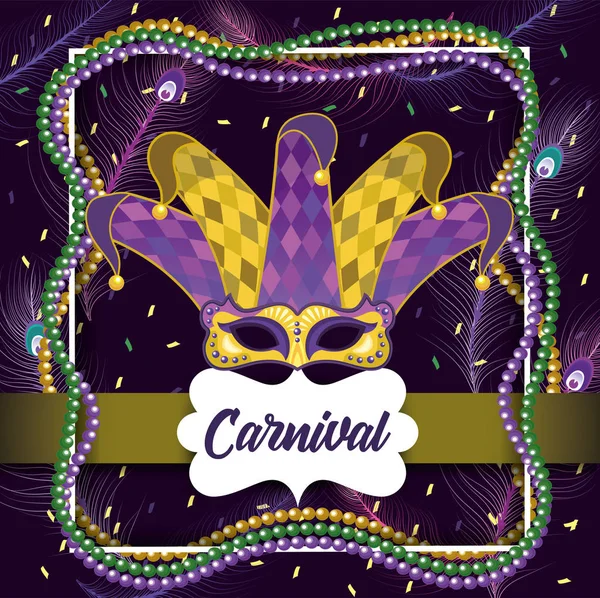 Étiquette avec masque mardi gras et chapeau joker — Image vectorielle