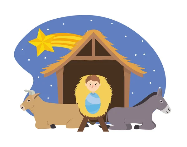 Jésus entre âne et mule dans la crèche avec étoile — Image vectorielle