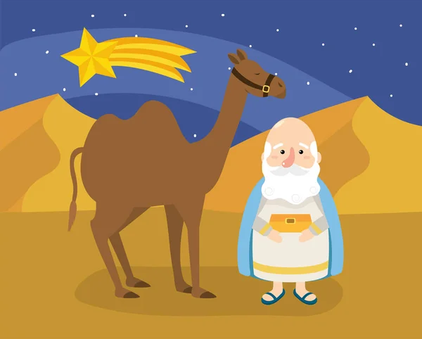 Rey mago melchior con oro y camello — Vector de stock