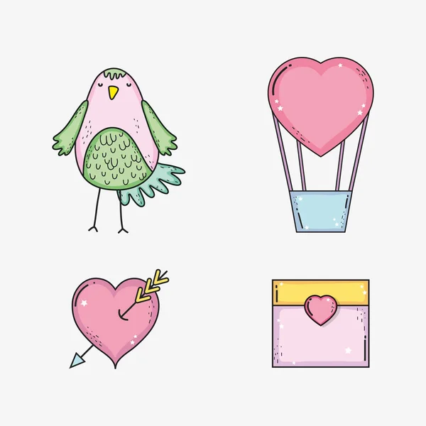 Régler l'oiseau avec ballon d'air de coeur et calendrier à la Saint-Valentin — Image vectorielle