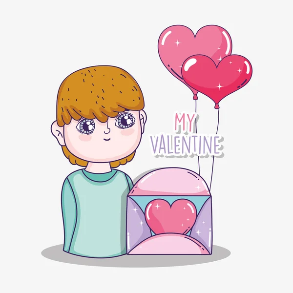 Junge mit Liebeskarte und Herzballons — Stockvektor
