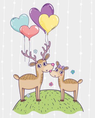 geyik çift kalpler balonlar ve çiçekler ile