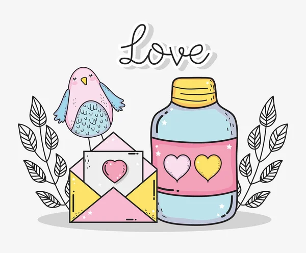 Botella píldoras de amor con tarjeta de amor y pájaro — Vector de stock