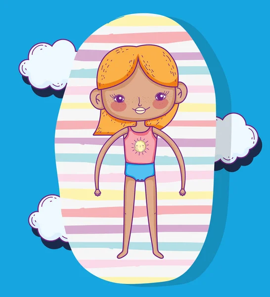 Bauty dziewczyna ubrana w strój kąpielowy z fryzurę i chmury — Wektor stockowy
