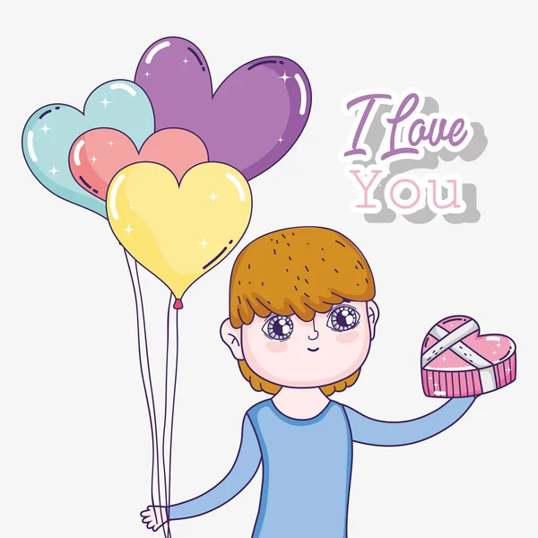 Niño con corazones globos y chocolate con mensaje de amor — Archivo Imágenes Vectoriales