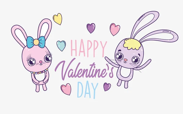 Conejo pareja con corazones a feliz día de San Valentín — Vector de stock