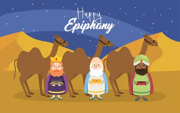 Rey magos con camellos a feliz epifanía — Vector de stock