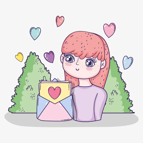 Dziewczyna z karty miłości i serca z krzewów — Wektor stockowy
