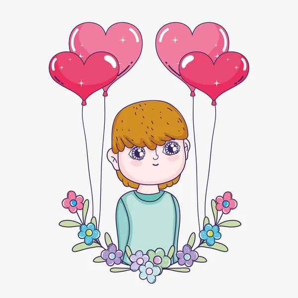 Jongen met hart ballonnen en bloemen met takken bladeren — Stockvector