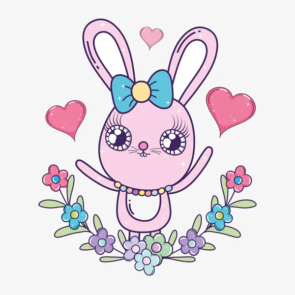 Kaninchen mit Herzen und Blumen zum Valentinstag — Stockvektor