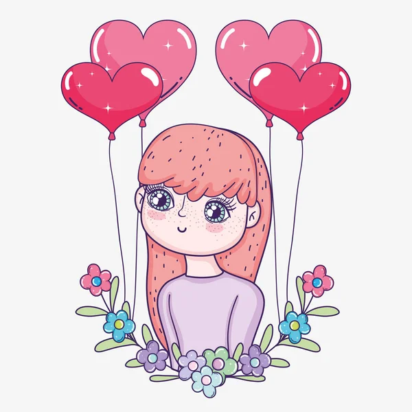 Chica con corazones globos y flores con ramas hojas — Vector de stock