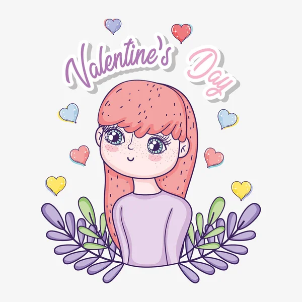 Chica con ramas hojas y corazones a día de San Valentín — Vector de stock