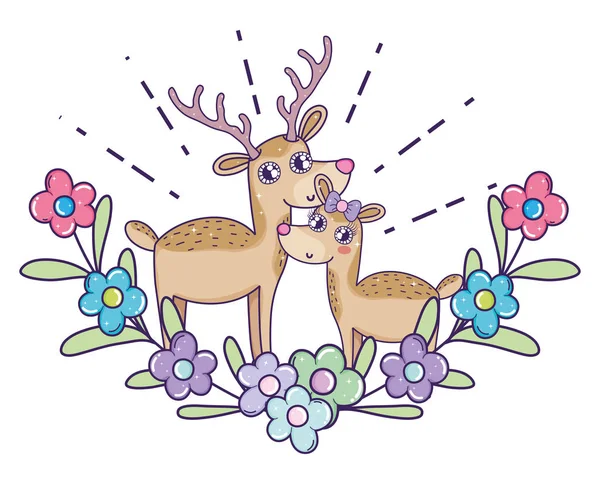 Deer couple with flowers and leaves to valentine day — Stock Vector