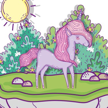 Tek boynuzlu at hayvan çalılar bitki ve çiçekler ile