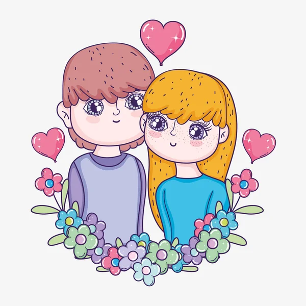 Niño y niña pareja con corazones y flores — Vector de stock