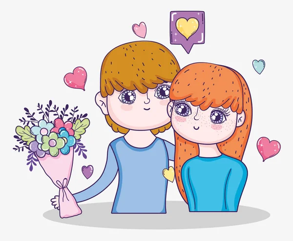 Мальчик и девочка с букетом цветов и сердец — стоковый вектор